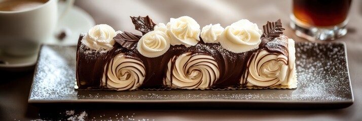 Wall Mural - Delicious Chocolate Cream Cake With Whipped Cream Roses