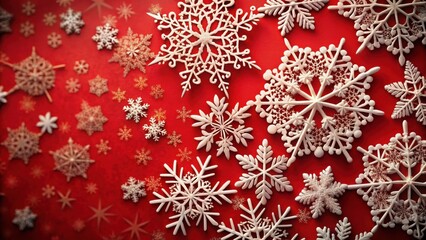 Wall Mural - Close-up of intricate snowflake patterns on a vibrant red background, snowflake, intricate, close-up, vibrant, red, background, winter