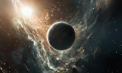 Wall Mural - A cosmic scene depicting a planet surrounded by swirling nebulae and stars.