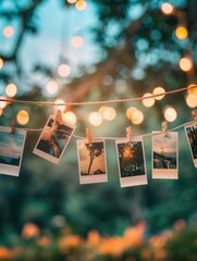 Poster - Polaroid photos display hanging with clothespins on string illuminated by soft fairy lights in a serene outdoor setting. Generative AI