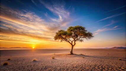 Wall Mural - Lonely tree in the desert at sunset, sunset, desert, lonely, tree, sand, lonely tree, arid, dusk, solitude, nature, wilderness