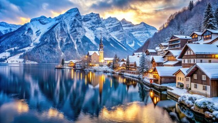 Wall Mural - Winter wonderland village nestled among snow-covered mountains and tranquil waters, winter, village, snow, mountains