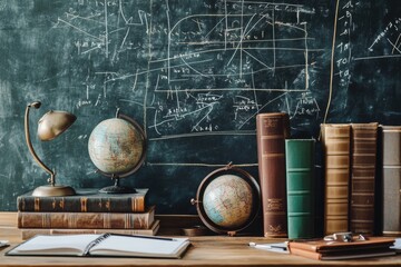 Fototapete - Desk filled with books, globes, and stationery beside chalkboard covered with complex equations in a study. Generative AI