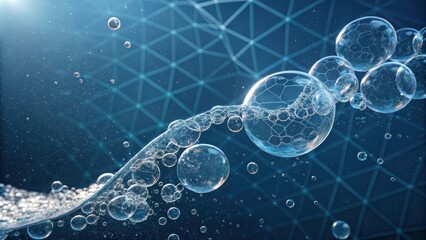 Poster - A delicate web of interconnected bubbles floats in a deep blue, sparkling with ethereal light.