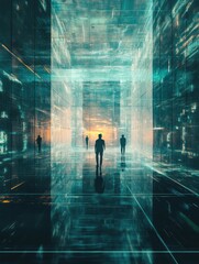 Leinwandbilder - Visitors walk through a vast digital gallery showcasing intricate virtual artworks and lifelike avatars as they explore the immersive space. Generative AI
