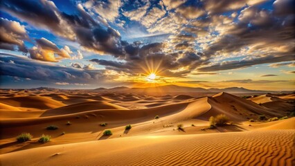 Wall Mural - Majestic sunset over the golden dunes of Merzouga , Morocco, Sahara Desert, sand, travel, adventure, landscape, scenic