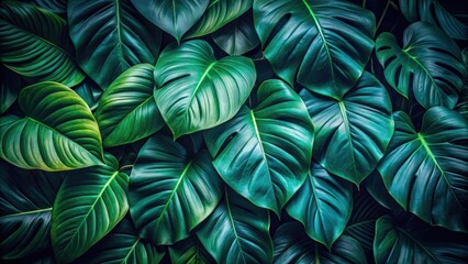 Wall Mural - Dark moody green tropical leaves in nature background, tropical, leaves, foliage, dark green, natural, jungle