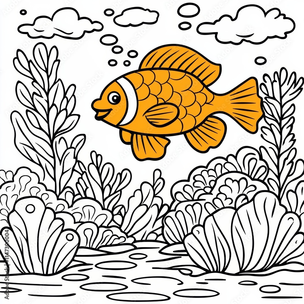 Coloring page outline of underwater world with funny fish and corals ...