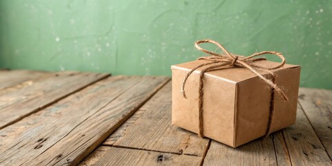 Poster - A simple brown gift box tied with twine sits on a rustic wooden surface against a muted green backdrop.