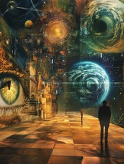 Leinwandbilder - Visitors wander through a digital gallery showcasing vibrant virtual artworks and avatars while surrounded by cosmic elements and colors. Generative AI
