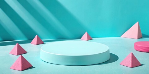 Poster - A Minimalist Display with a Blue Cylinder and Pink Geometric Shapes on a Blue Background