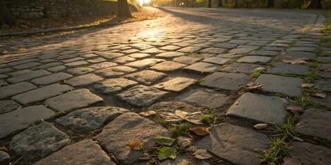 Leinwandbilder - A cobblestone path illuminated by the warm glow of the setting sun, with vibrant green grass peeking through the cracks in the stones and fallen leaves scattered across the surface.