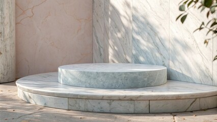 Wall Mural - Circular marble platform with a minimalist design and natural light casting shadows on the surface.