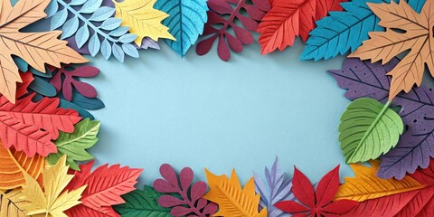 Aufkleber - Colorful Paper Cut Leaves Frame on Light Blue Background