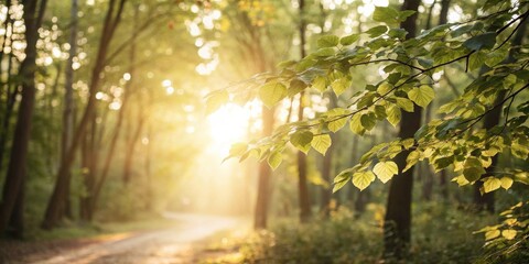 Wall Mural - Golden Sunlight Filtering Through Lush Green Leaves In A Forest