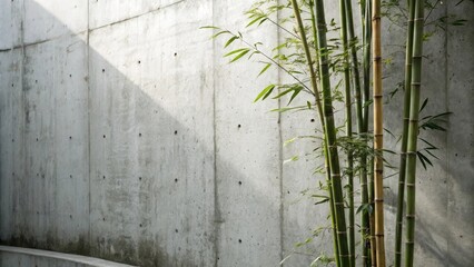 Aufkleber - A smooth concrete wall, slightly textured, is partially shaded by a shadow cast by sunlight, and has a cluster of bamboo stalks with green leaves growing on the right side.
