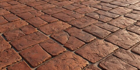 Fototapete - A close-up perspective of a textured brick pathway, showcasing the intricate details of each individual brick, highlighting the natural wear and tear of time.