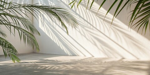 Aufkleber - Sunlight filtering through palm leaves casts long shadows on a white wall and concrete floor