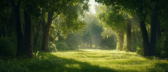 Wall Mural - a serene forest scene with tall trees and sunlight filtering through the leaves, generative ai