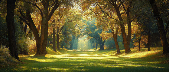 Wall Mural - a serene forest scene with tall trees and sunlight filtering through the leaves, generative ai