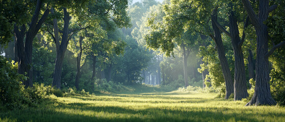 Wall Mural - a serene forest scene with tall trees and sunlight filtering through the leaves, generative ai