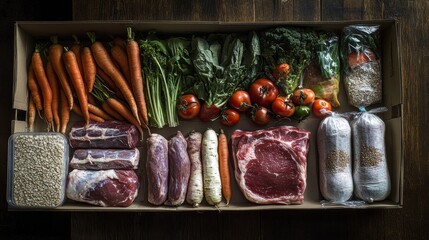 Poster - Fresh vegetables, quality meat, and grains arranged in a box on wooden surface ready for preparation or cooking. Generative AI