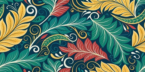 Poster - A Seamless Pattern of Vibrant Leaves and Intricate Swirls, Creating a Colorful and Organic Design
