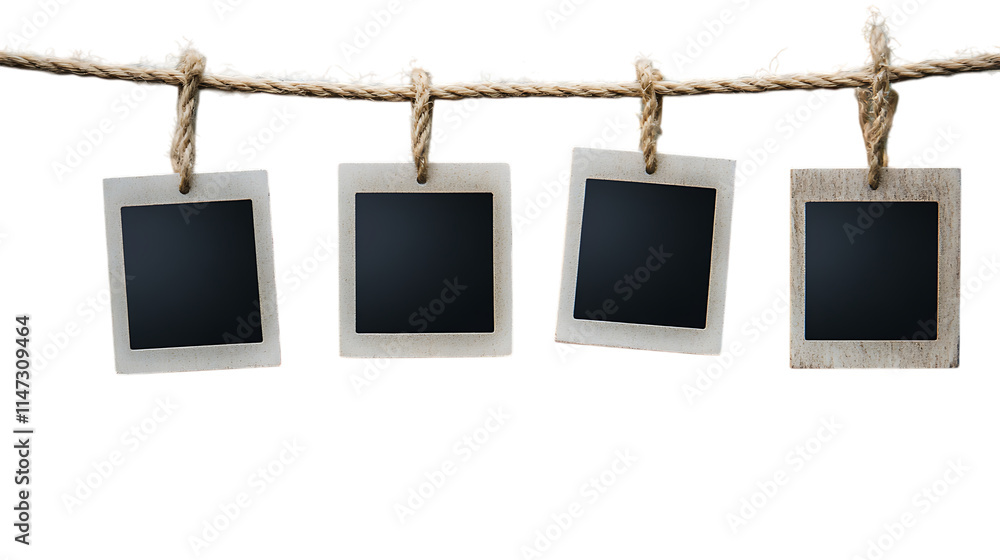 four blank instant photo frames hanging on a rope, isolated on a ...