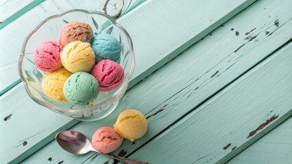 Sticker - A glass bowl filled with colorful ice cream scoops sits on a weathered wooden surface, offering a refreshing treat.