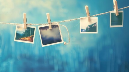 Poster - Polaroid snapshots displayed on a string with clothespins against a soft blue background inviting nostalgia. Generative AI