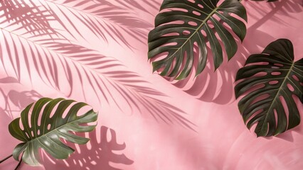 Aufkleber - Tropical Leaves and Sunlight Cast Long Shadows on Pink Background