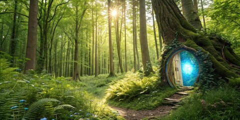 Poster - A mystical door carved into the trunk of a moss-covered tree in a sun-drenched forest leads to a realm of blue light and wonder.