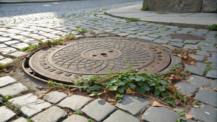 Aufkleber - A rusted iron manhole cover set in a cobblestone street, surrounded by green foliage and fallen leaves
