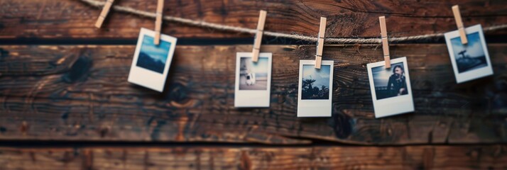 Poster - Polaroid photographs hanging on a string with clothespins create a charming display on rustic wooden background. Generative AI