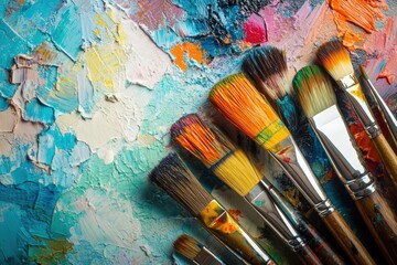Poster - Colorful artist brushes and vibrant paints arranged on a textured canvas with plenty of copy space available. Generative AI