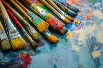 Poster - Colorful artist brushes with vibrant paints arranged on a canvas creating a lively artistic atmosphere. Generative AI