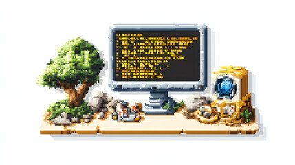 Pixel Art Desk Coding, nature scene, retro computer, website design.
