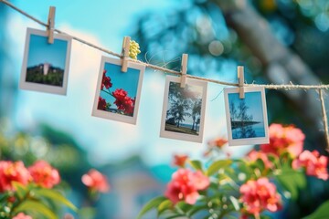 Poster - Colorful Polaroid pictures hanging on a string among vibrant flowers in a sunny outdoor setting. Generative AI
