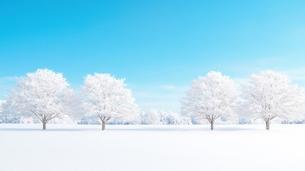 Wall Mural - Snow-covered trees in a winter landscape under a clear blue sky.