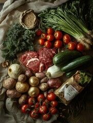 Aufkleber - Fresh produce, meats, and grains laid out on a rustic cloth surrounded by vibrant vegetables and rich colors. Generative AI