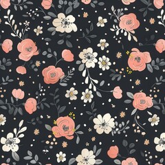 Aufkleber - Floral design featuring pink roses and white daisies on a dark background, ideal for elegant decor or fashion projects. Generative AI