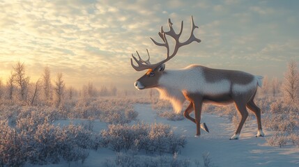 Reindeer walking in snowy winter landscape at sunrise.