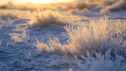 Poster - A frosty desert morning with sand dunes covered in a thin layer of frost, glowing softly under the first light of dawn