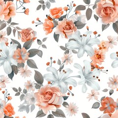 Poster - Beautiful floral pattern featuring roses, lilies, and delicate blossoms on a soft background. Generative AI