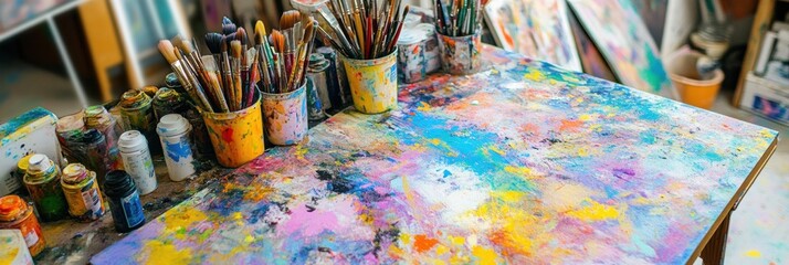 Aufkleber - Artist supplies with vibrant paints and brushes set on a colorful table in a creative studio. Generative AI