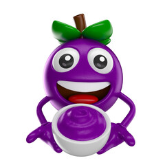 Wall Mural - Acai Berry Character Smiling With Bowl Cartoon 3D Render with transparent background
