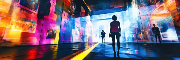 Aufkleber - Visitors navigate a colorful digital gallery filled with interactive virtual artworks and engaging avatars, creating an immersive experience. Generative AI