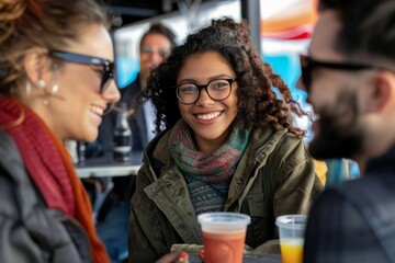 Wall Mural - Group of friends having fun together at a street food market. Cheerful young women and men having fun at a street food market.