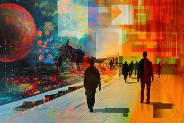 Leinwandbilder - Visitors explore a digital gallery filled with virtual artworks and avatars, surrounded by colorful and abstract designs under a bright sky. Generative AI