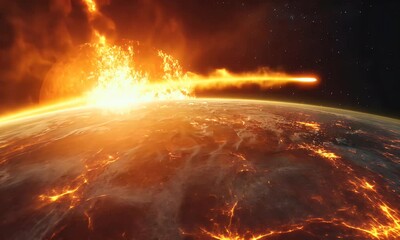 Wall Mural - A dramatic depiction of an explosive event impacting a planet's surface.